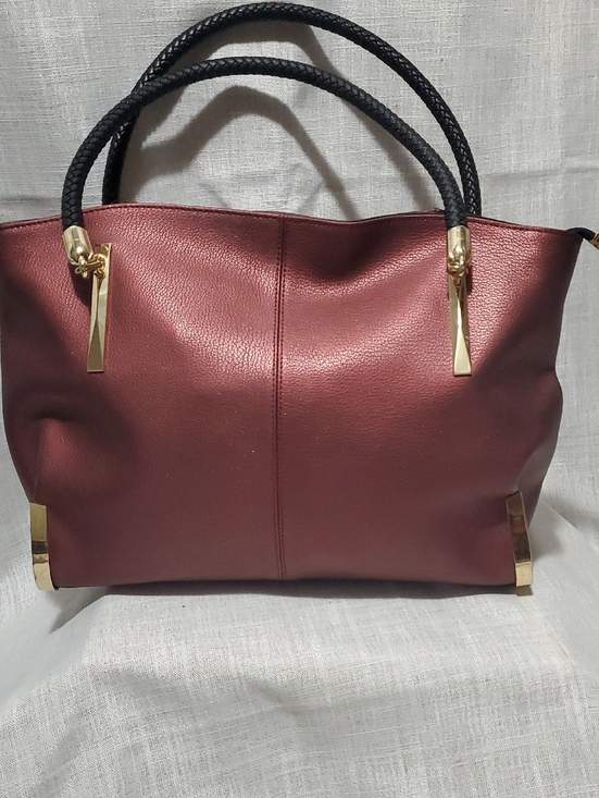 no brand Handbags - Women's Burgundy Tote with Black Braided Handles and Gold Accents